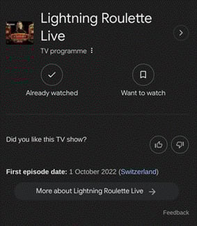 Google results section showing Lightning Roulette Live as a TV show with options to rate it