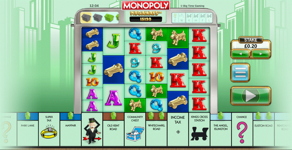 Monopoly Megaways slot with six reels and a Monopoly board game style row of properties along the bottom