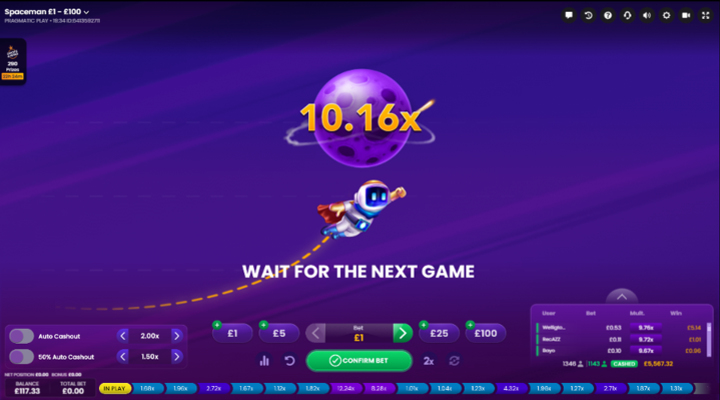 The main screen of Spaceman, showing a current 10.16x multiplier