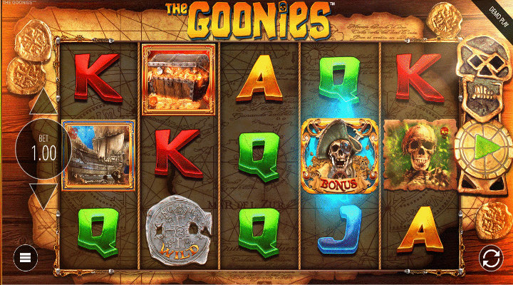The Goonies base game showing J, Q, K, A, coin, pirate, treasure and skull bonus symbols