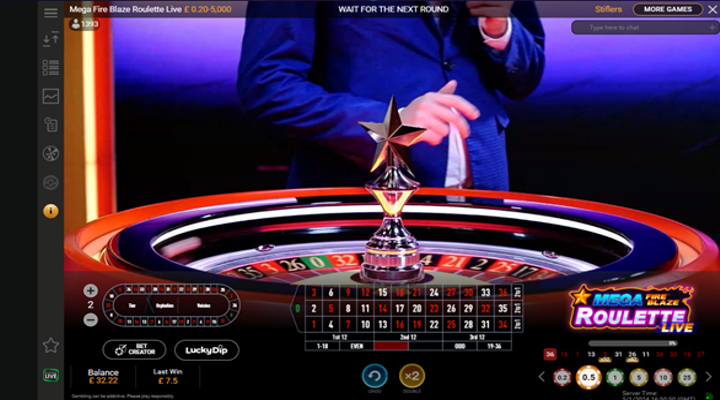A host runs a game of Mega Fire Blaze Roulette Live from Playtech