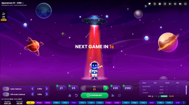 The Spaceman crash screen, with a countdown until the next round begins