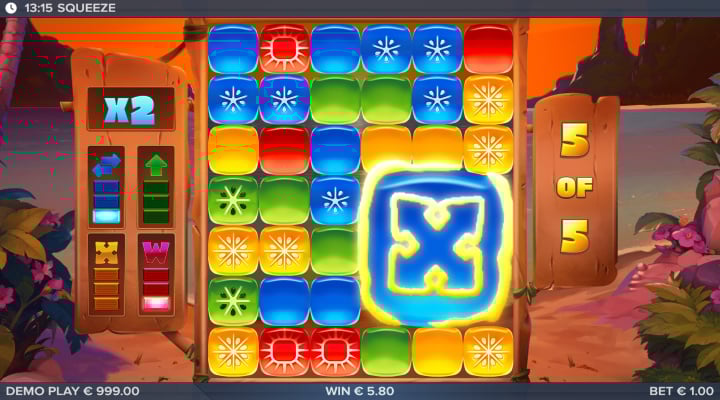 A giant symbol has been added to the reels by the feature meter while a 2x win multiplier is active.