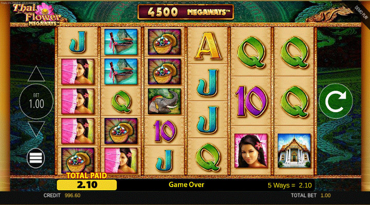 Thai Flower Megaways win screen highlighting a 2-symbol win with Thai lady symbols on reels 1 and 2.