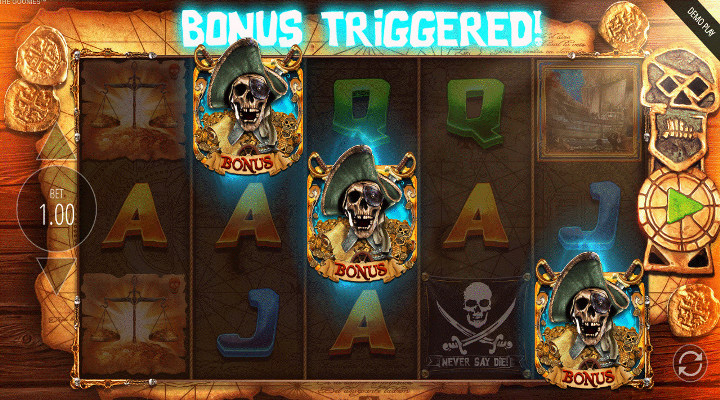The Goonies slot showing three One-Eyed Willy Bonus symbols to unlock the feature