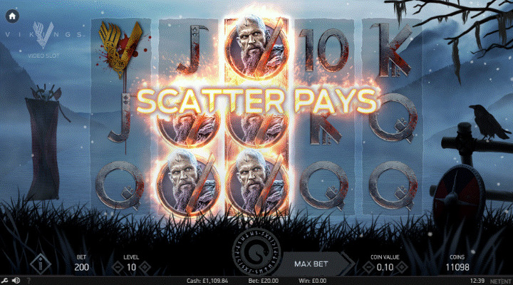 Vikings win screen highlighting the Hotspot feature, with a reel-height character on the centre reel triggering all other character symbols to transform to match, resulting in Scatter Pays wins.