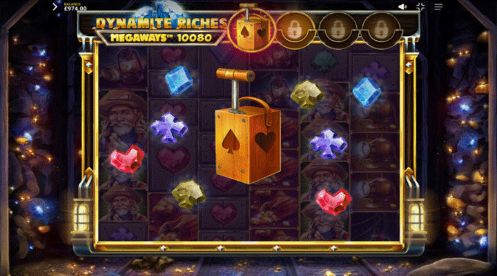Dynamite Riches Megaways TNT feature with a card suit stylised TNT box surrounded by card suit gems