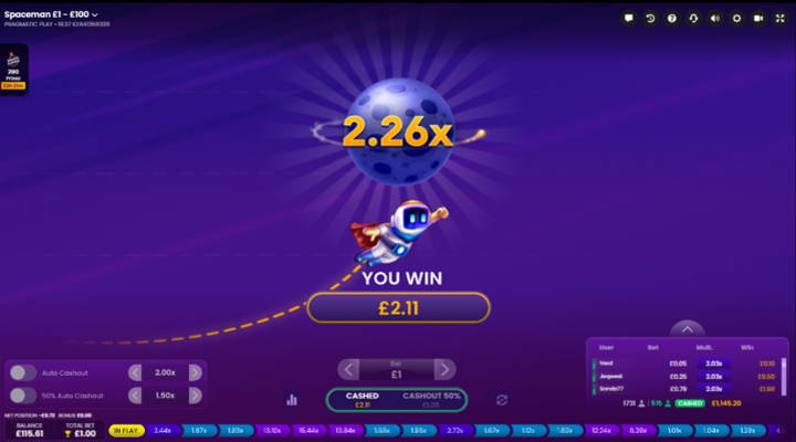 A successful cashout, resulting in a £2.11 win