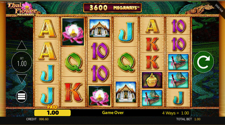 Thai Flower Megaways lotus wild win with aces and jacks on reel 1 and a blossoming pink lotus flower on reels 2 and 3.