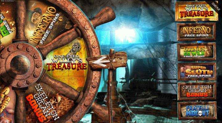 The Goonies slot feature selection screen with a pirate ship wheel and six possible features