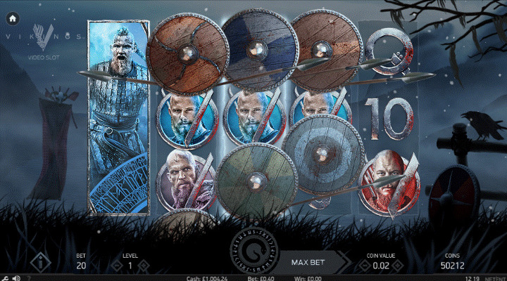 Vikings win screen highlighting the Shield Wall feature, with multiple shields falling away to reveal the same character symbol.