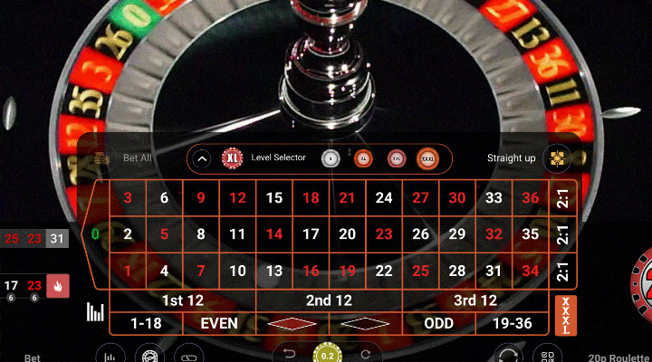 20p Roulette 500x LIVE zoomed in on the table section to highlight the Straight Up feature to the right and the Bet All feature to the left.