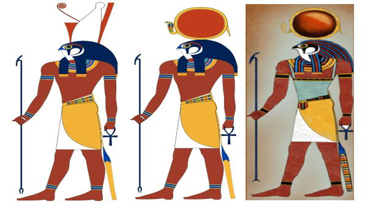 Egyptian gods, Horus on the left, Ra in the centre, and the expanded Horus wild symbol with Ra crown on the right