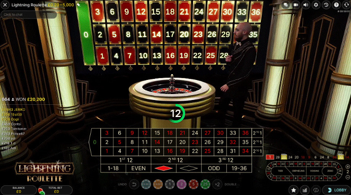 Lightning Roulette live casino game with live host, interactive betting panel, and roulette wheel