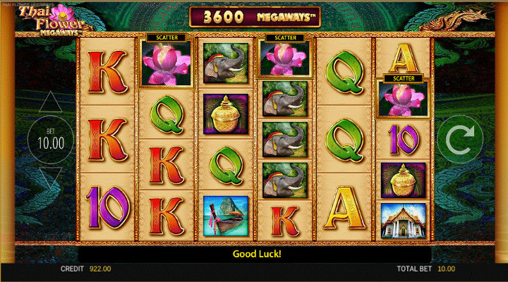 Thai Flower Megaways feature trigger with a lotus flower symbol appearing on reels 2, 4 and 6.