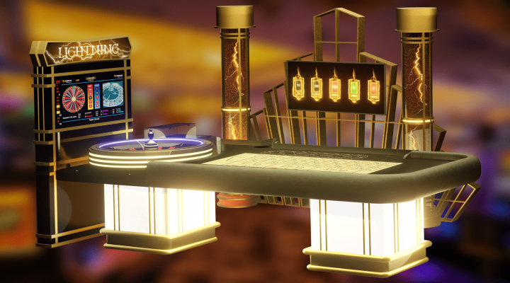 A Lightning Roulette land-based casino table with electronic wheel screen, betting table, wheel and multipliers screen