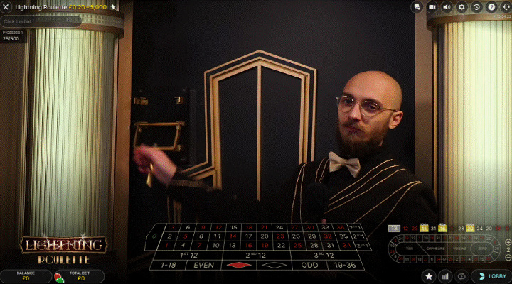 The Lightning Roulette live host pulls a 1920s style electrical lever to initiate the generation of random multipliers