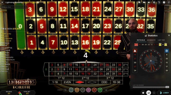 Lightning Roulette live casino game with statistics panel in the bottom right showing hot and cold numbers