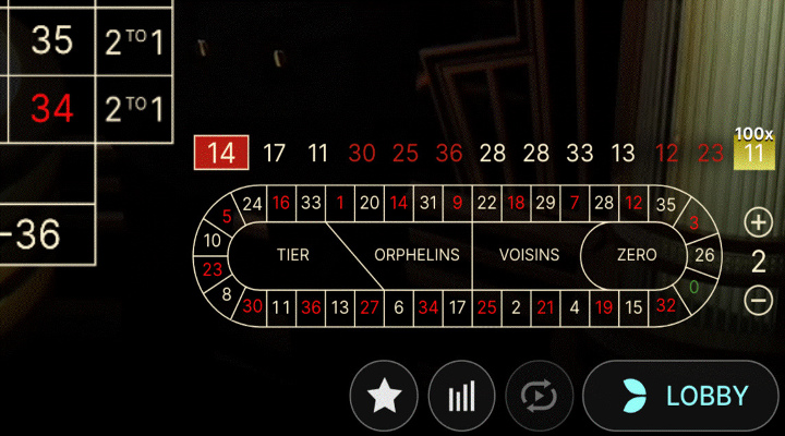 Lightning Roulette live casino game zoomed in on the neighbours bets racetrack in the bottom right of the game