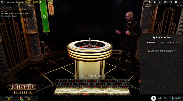 Lightning Roulette live casino game with favourite bets panel in the bottom right of the game