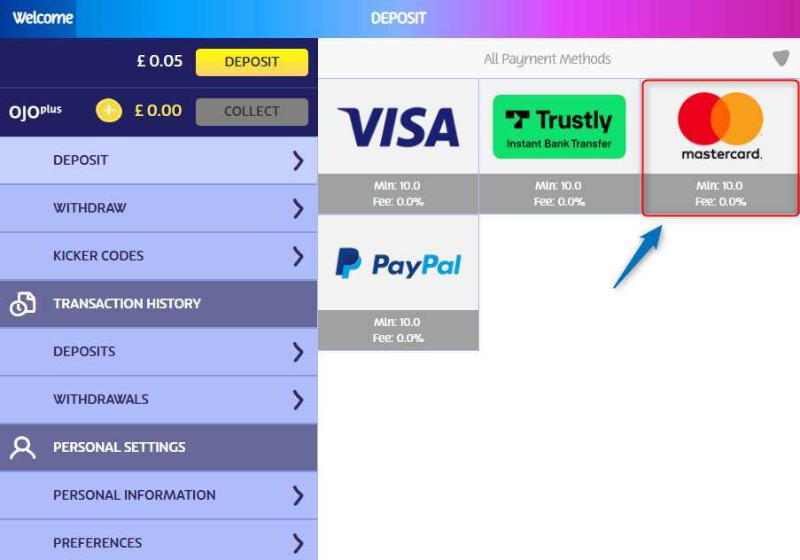 Choosing Mastercard at OJO casino