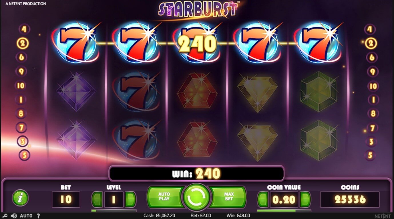 Screenshot of NetEnt’s famous Starburst mobile slot