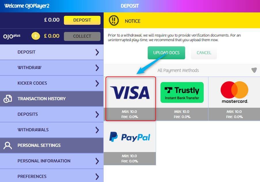 Selection of VISA as payment method for withdrawal