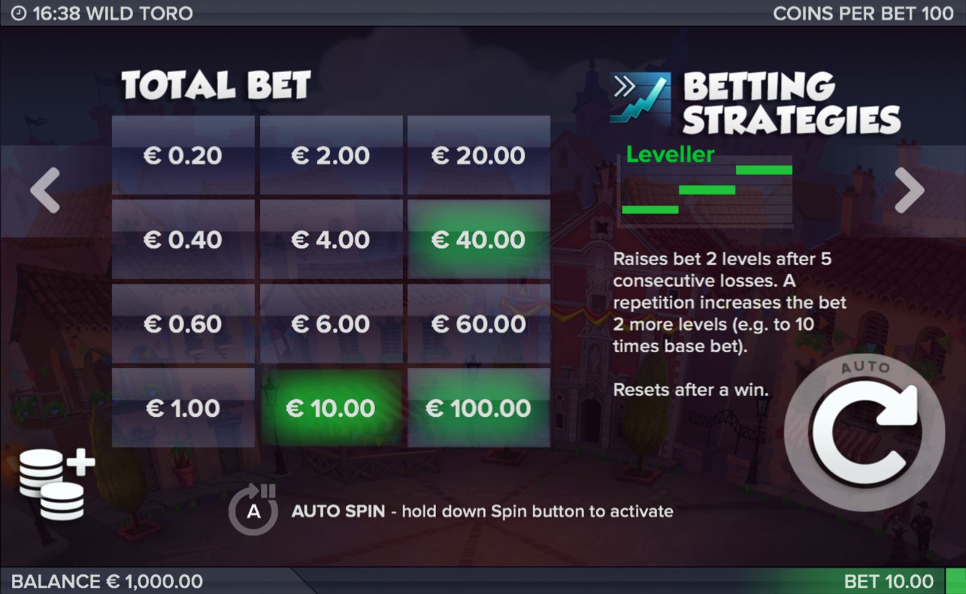 Betting Strategy screen from Wild Toro video slot by ELK Studios