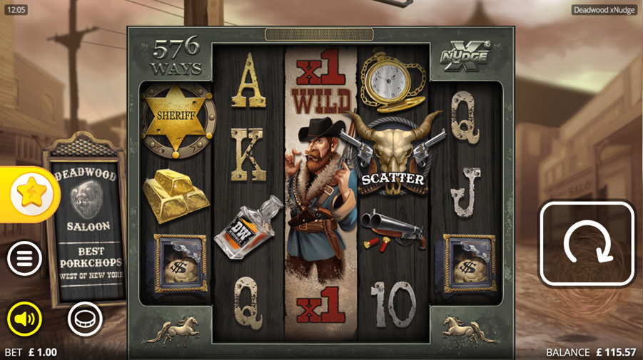 The main reels of Deadwood, showing a Sheriff badge, bounty hunter wild and scatter on the reels.