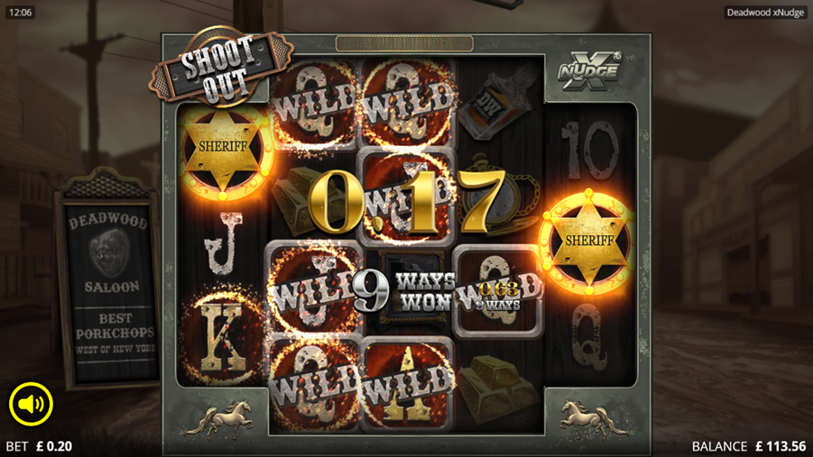 The Sheriff badges appear on the first and fifth reels, triggering the shoot out which turns all low-paying symbols wild.