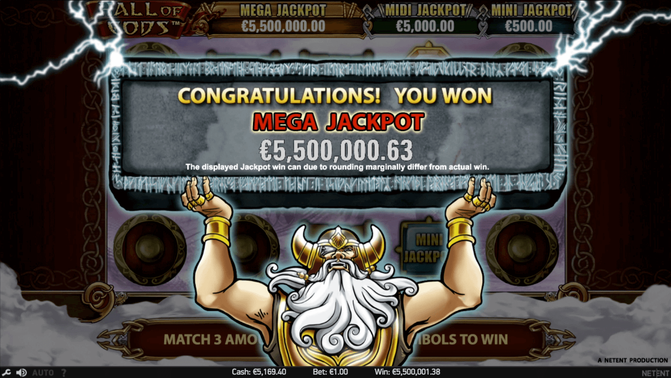 How a Mega jackpot win looks on NetEnt’s Hall of Gods video slot